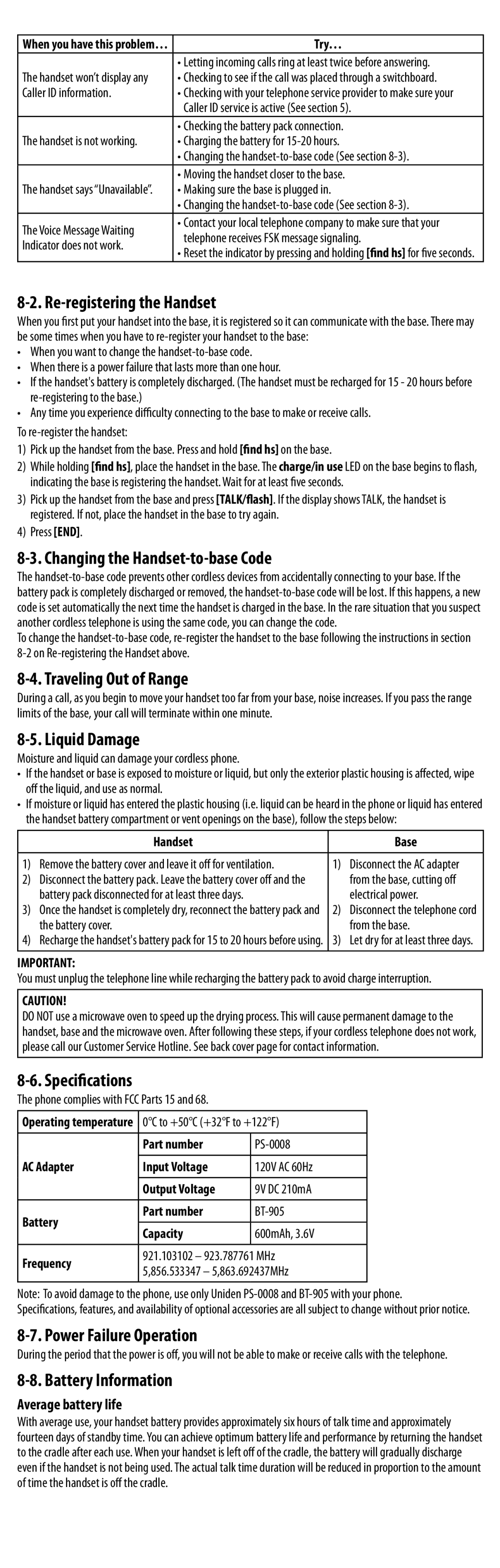 Uniden EXI8560 manual Re-registering the Handset, Changing the Handset-to-base Code, Traveling Out of Range, Liquid Damage 