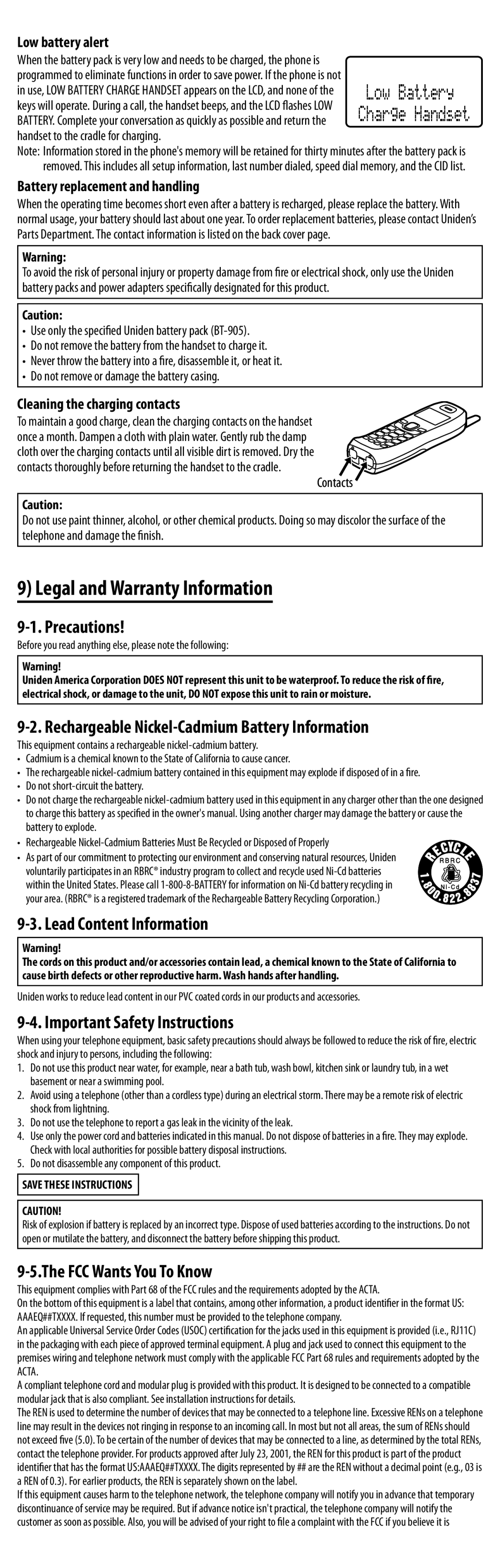 Uniden EXI8560 manual Legal and Warranty Information 