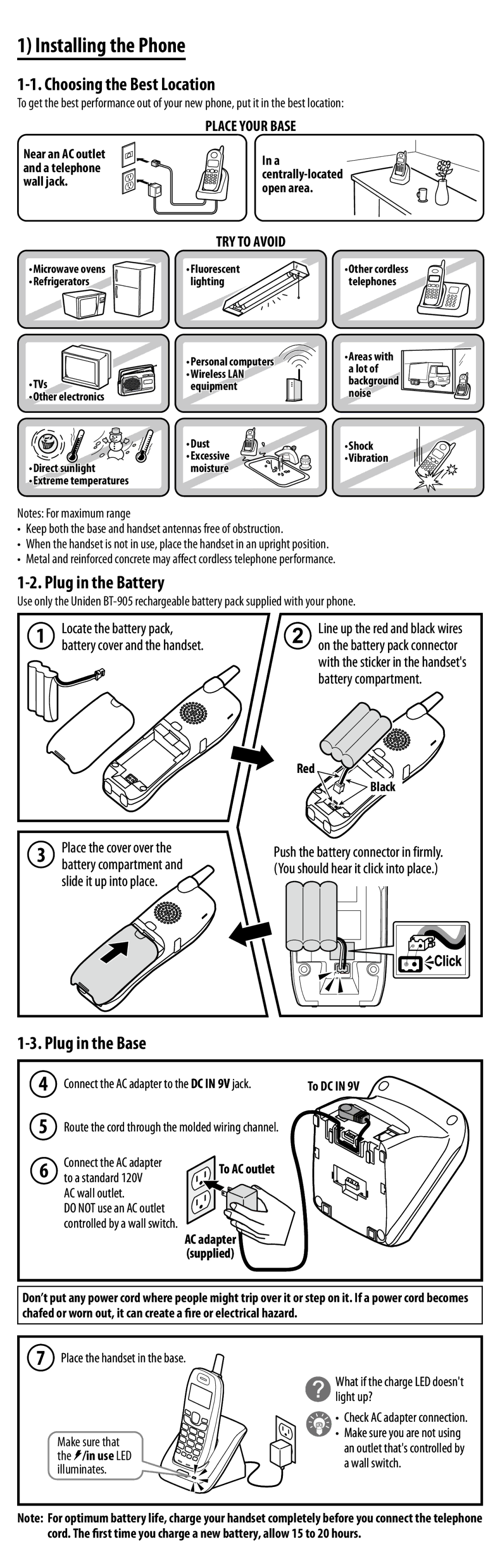 Uniden EXI8560 manual Installing the Phone, Choosing the Best Location, Plug in the Battery, Plug in the Base 