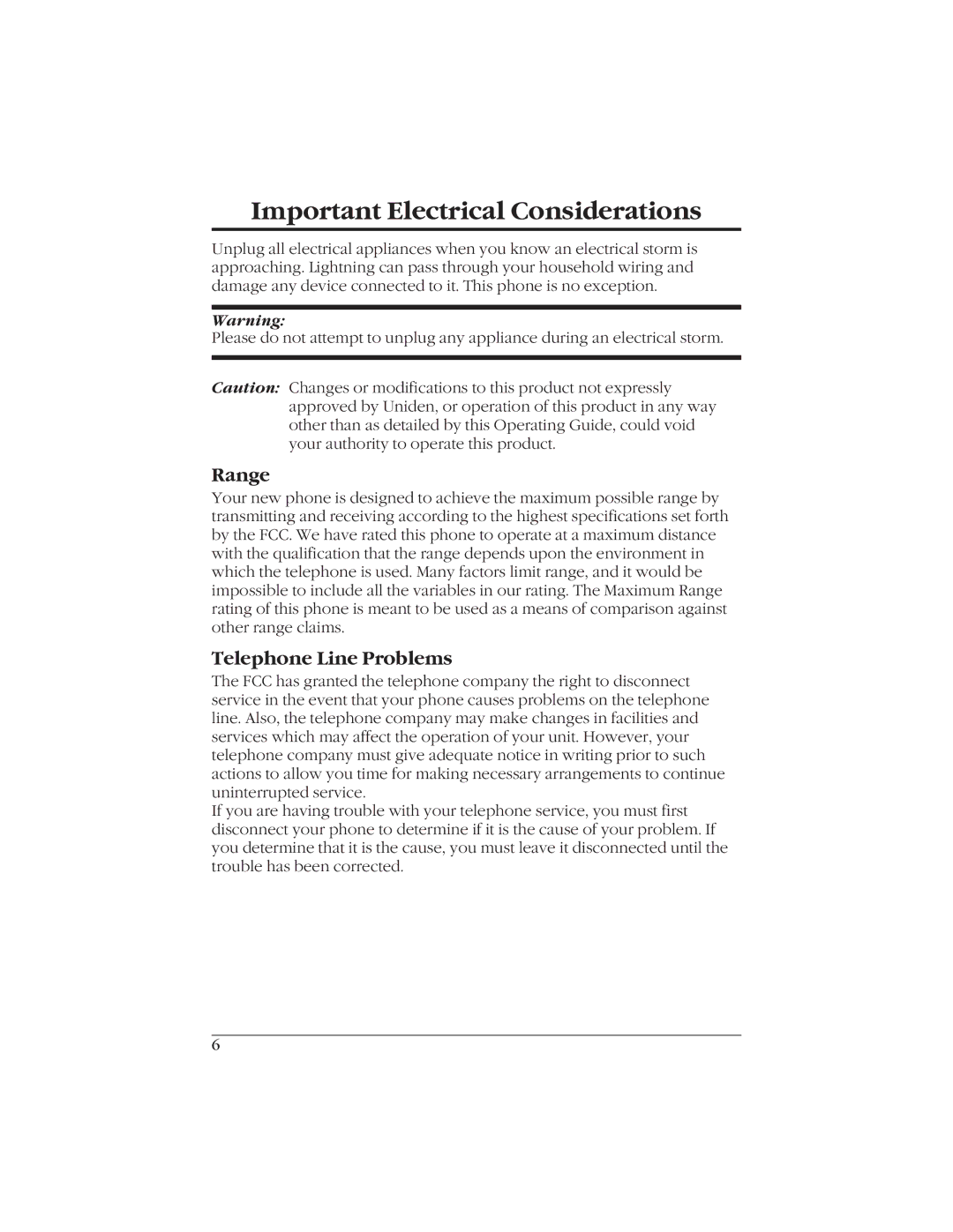 Uniden EXI916 manual Important Electrical Considerations, Range, Telephone Line Problems 