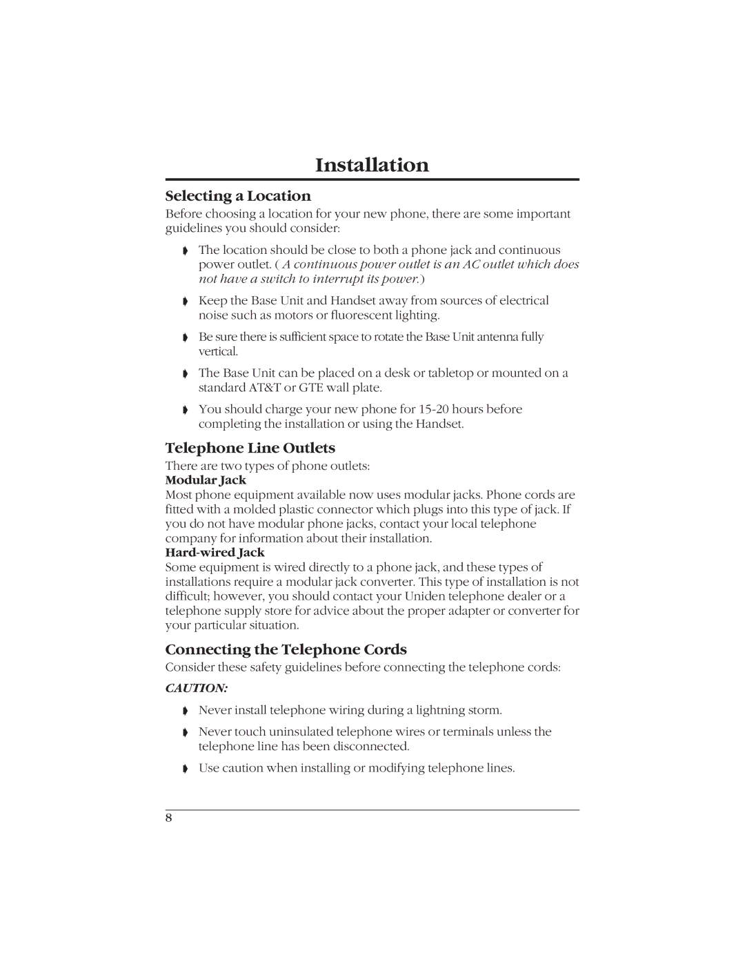 Uniden EXI916 manual Installation, Selecting a Location, Telephone Line Outlets, Connecting the Telephone Cords 