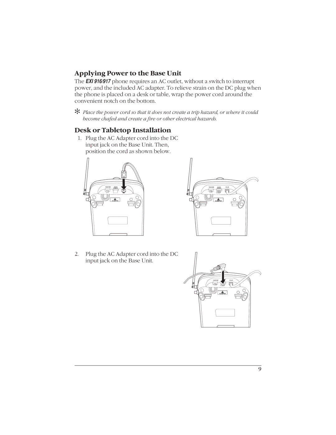 Uniden EXI916 manual Applying Power to the Base Unit, Desk or Tabletop Installation 