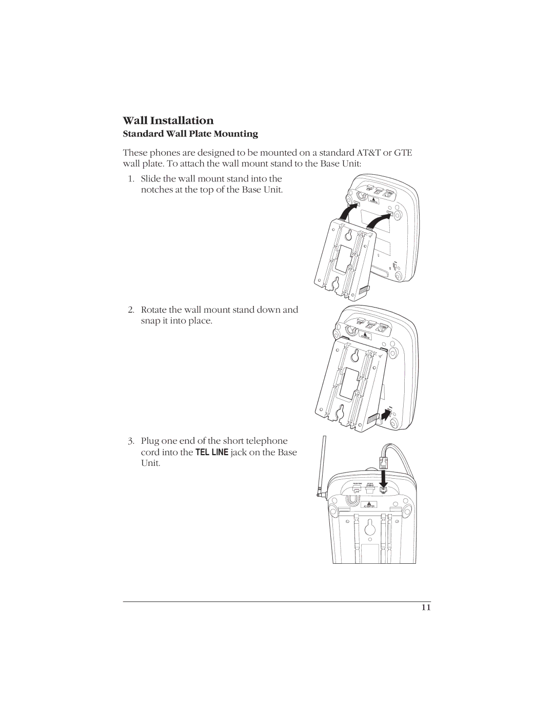 Uniden EXI916 manual Wall Installation, Standard Wall Plate Mounting 