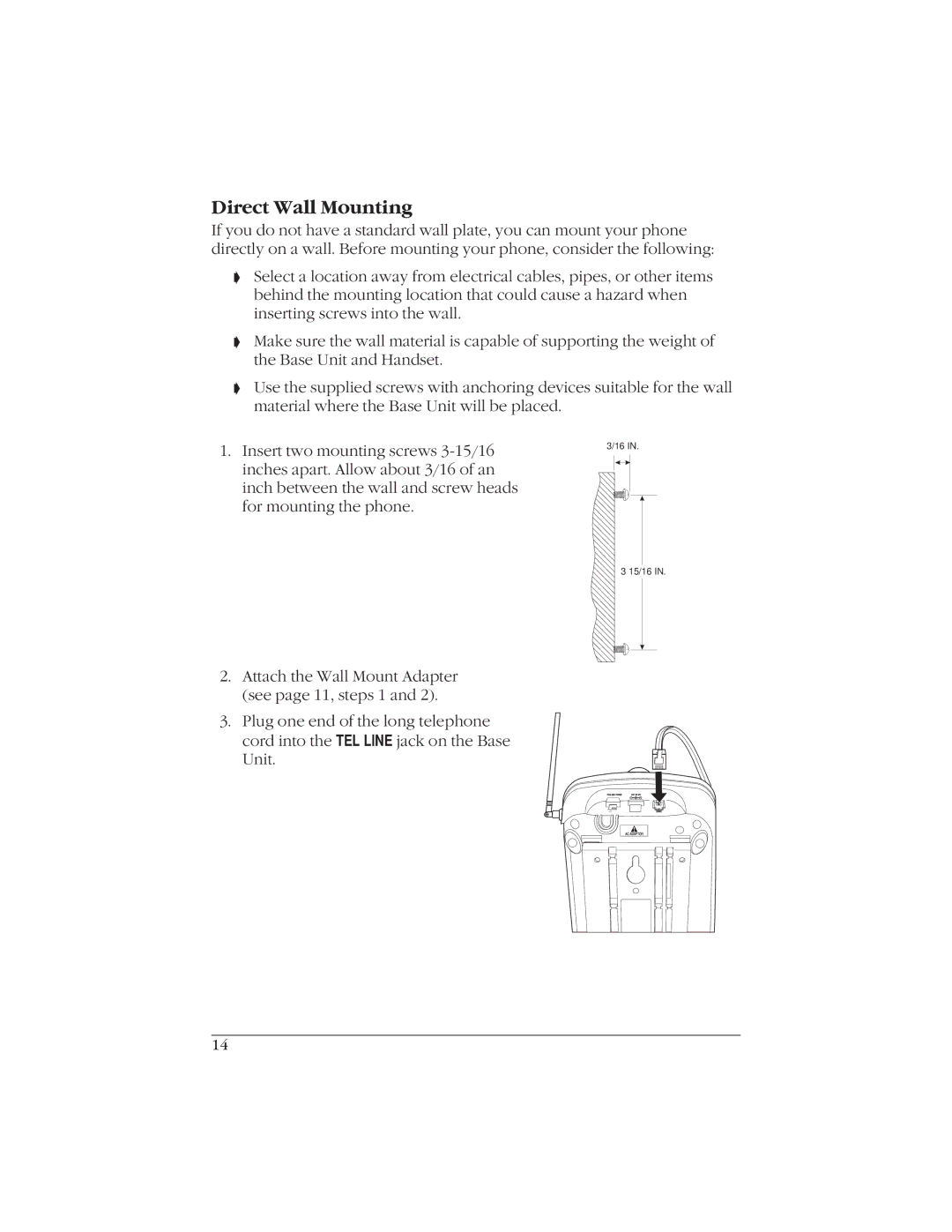 Uniden EXI916 manual Direct Wall Mounting 