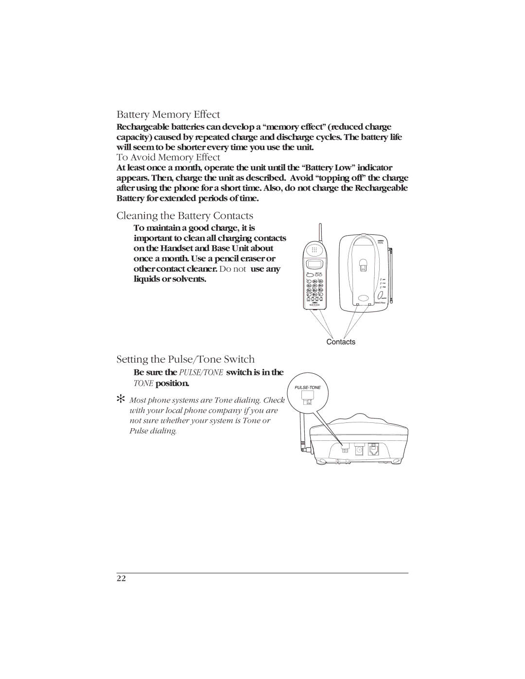 Uniden EXI916 manual Battery Memory Effect, Cleaning the Battery Contacts, Setting the Pulse/Tone Switch 