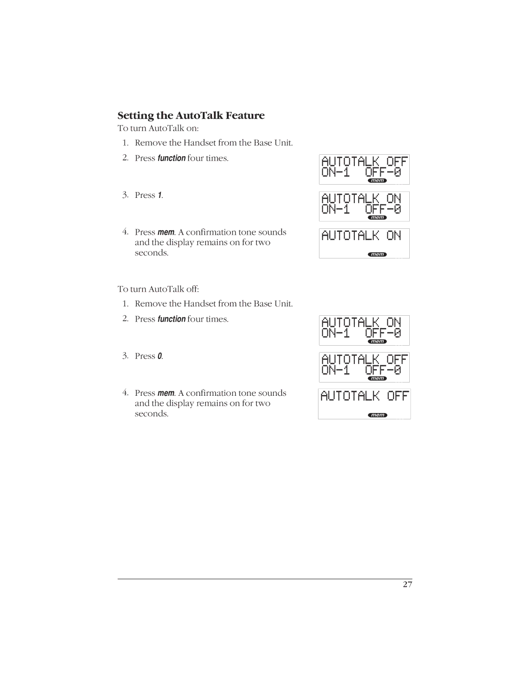 Uniden EXI916 manual Setting the AutoTalk Feature 