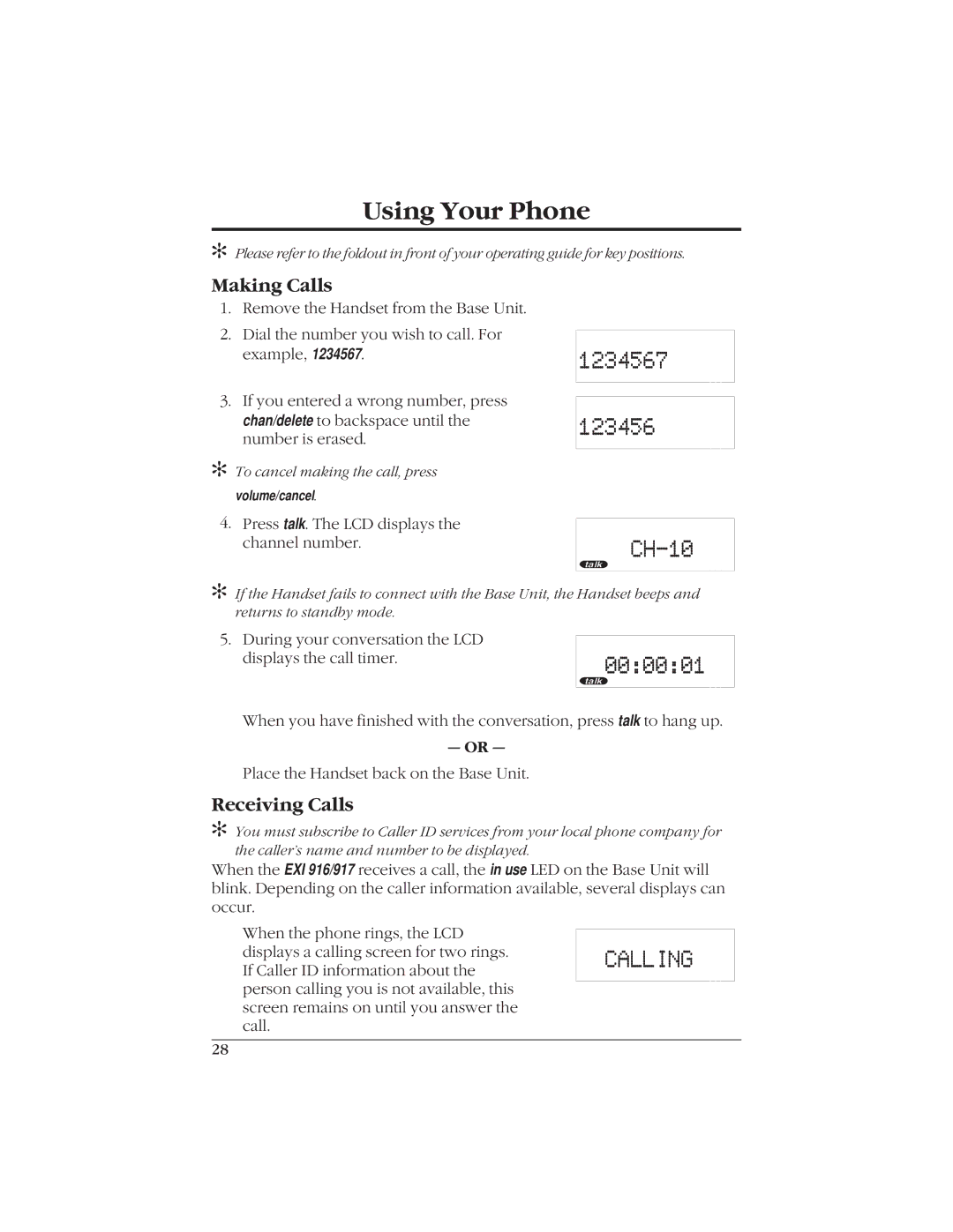 Uniden EXI916 manual Using Your Phone, Making Calls, Receiving Calls 