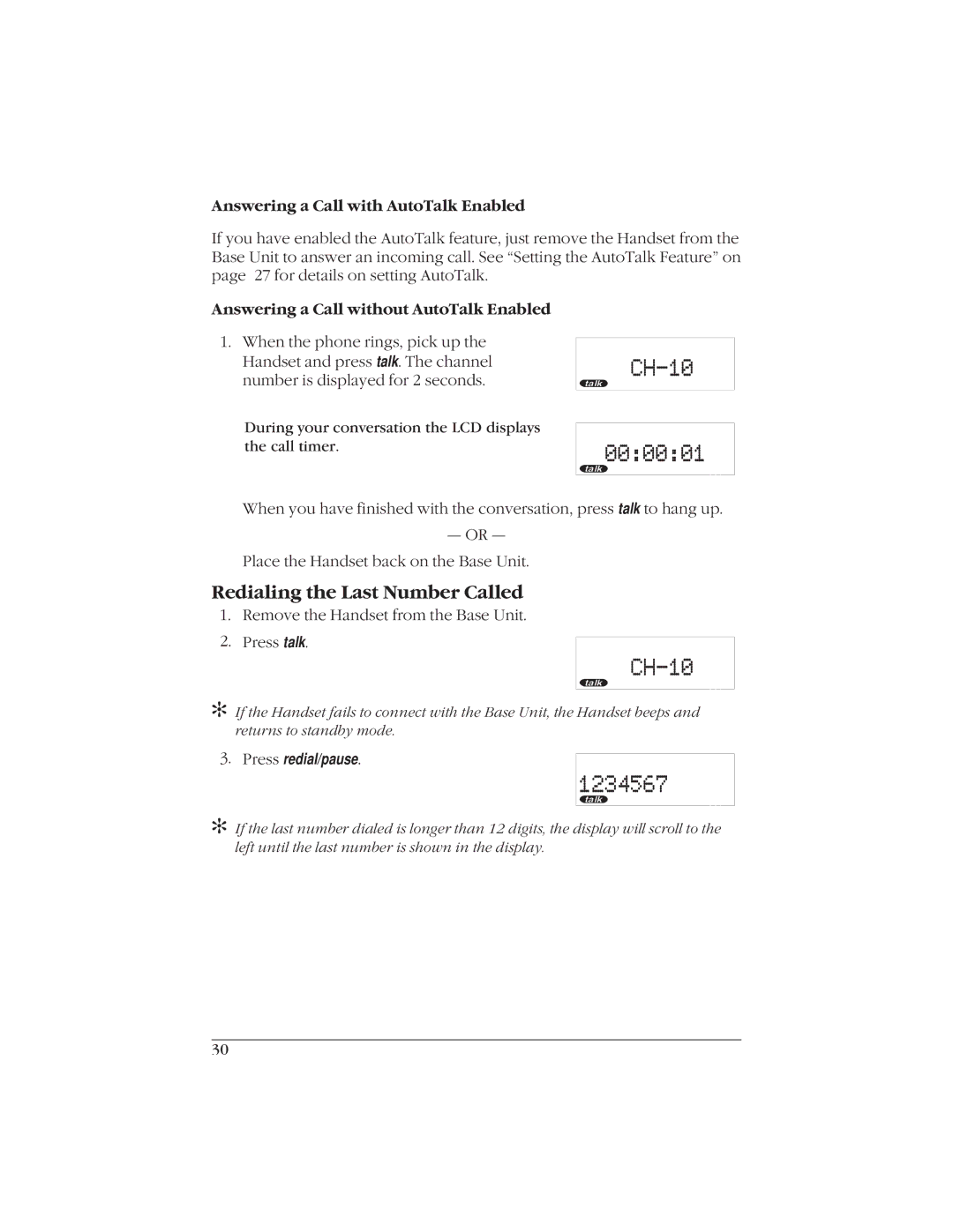 Uniden EXI916 manual Redialing the Last Number Called, Answering a Call with AutoTalk Enabled 