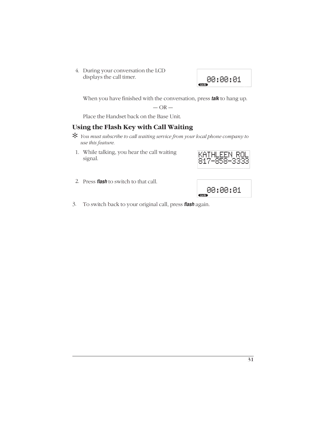 Uniden EXI916 manual Using the Flash Key with Call Waiting 