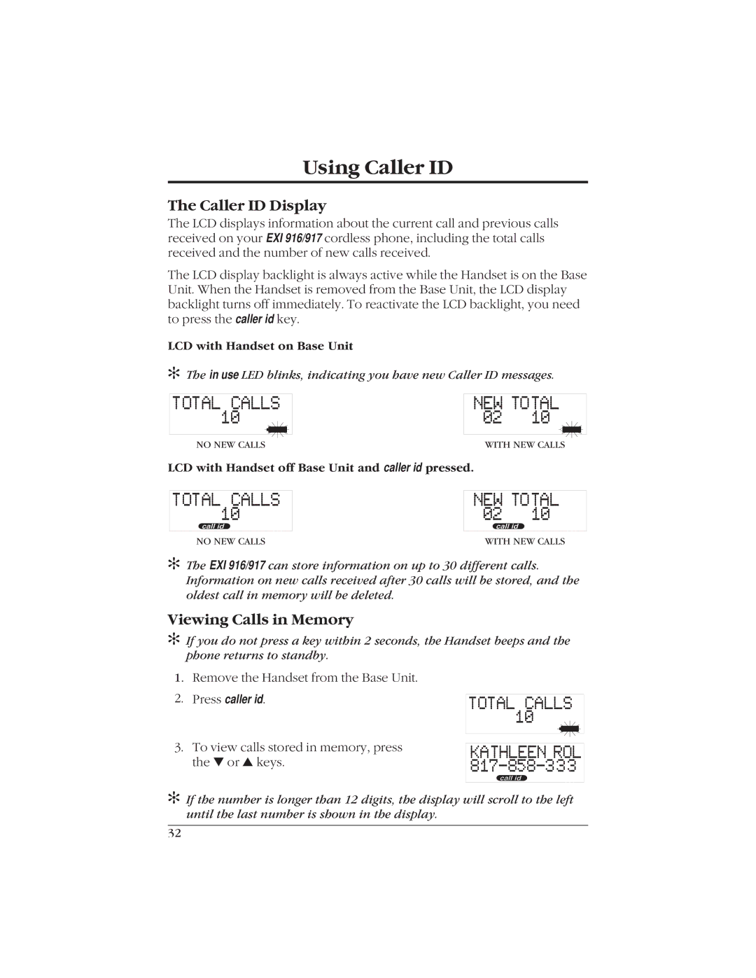 Uniden EXI916 manual Using Caller ID, Caller ID Display, Viewing Calls in Memory, LCD with Handset on Base Unit 