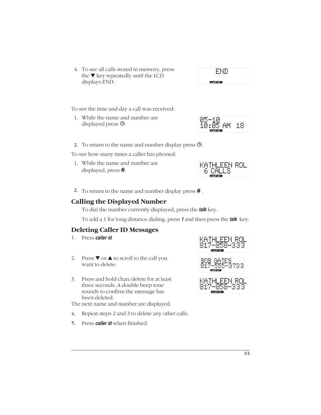 Uniden EXI916 manual Calling the Displayed Number, Deleting Caller ID Messages 