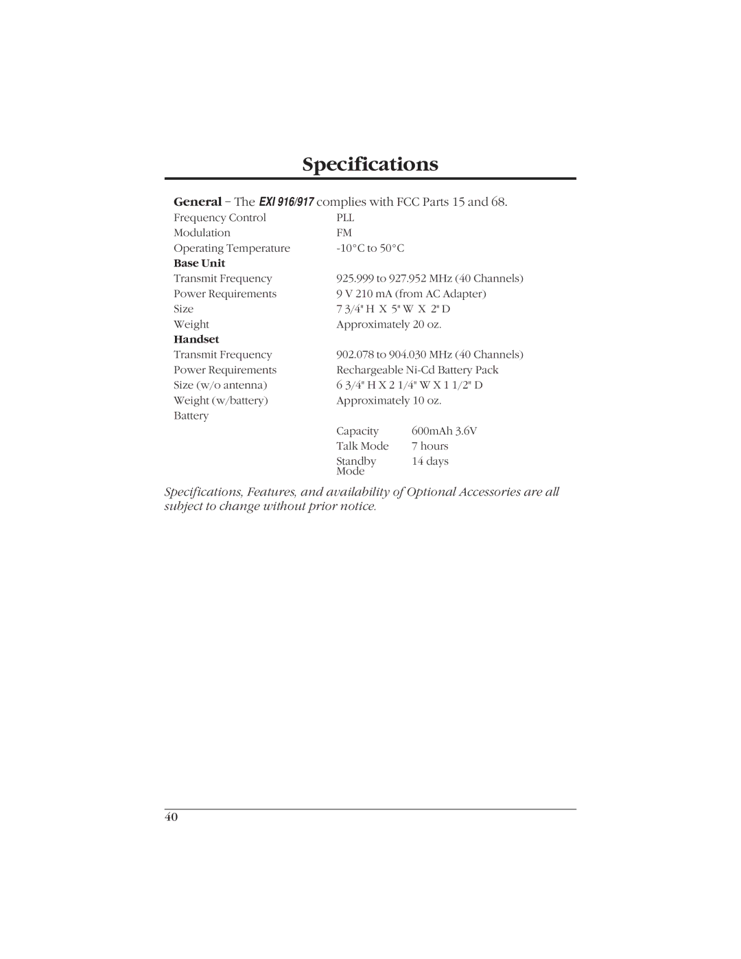 Uniden EXI916 manual Specifications, General The EXI 916/917 complies with FCC Parts 15 