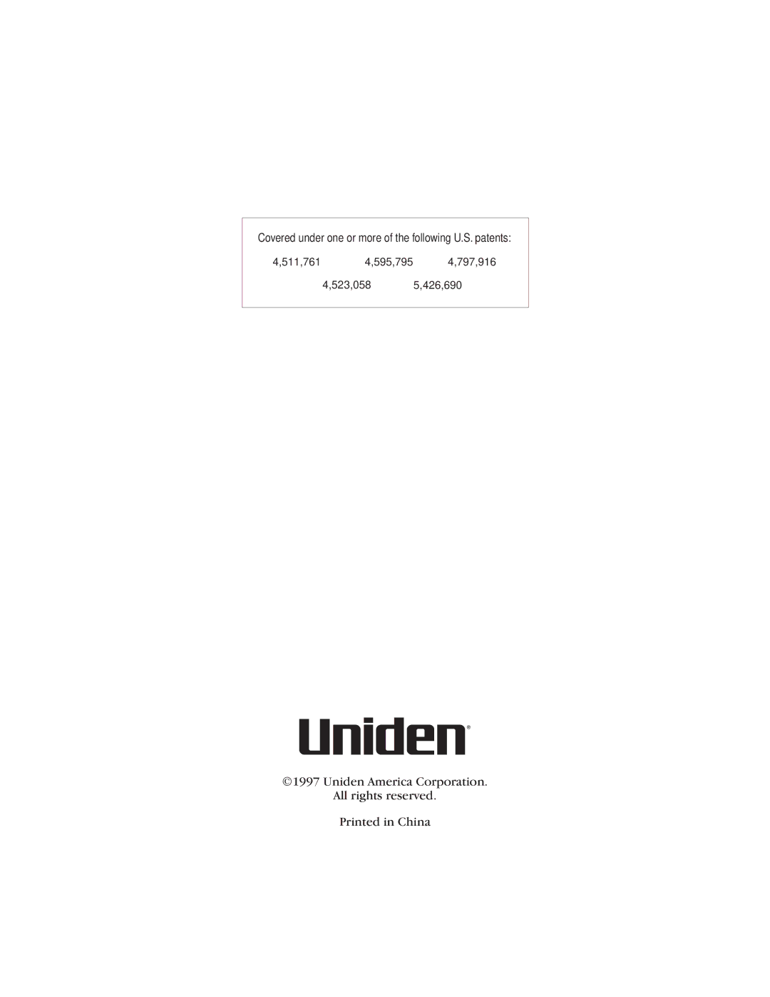 Uniden EXI916 manual Covered under one or more of the following U.S. patents 