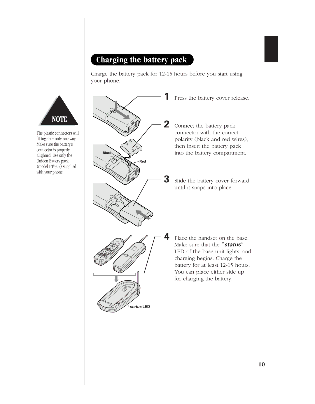 Uniden EXL 8900 manual Charging the battery pack, Into the battery compartment, Slide the battery cover forward 