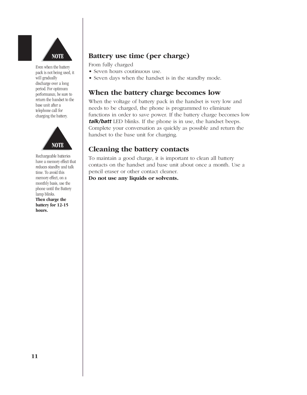 Uniden EXL 8900 manual Battery use time per charge, When the battery charge becomes low, Cleaning the battery contacts 