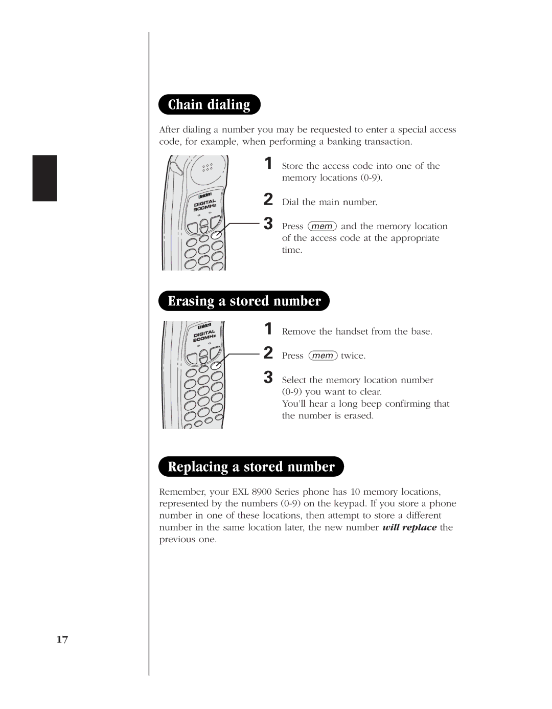 Uniden EXL 8900 manual Dial the main number, Press mem twice 