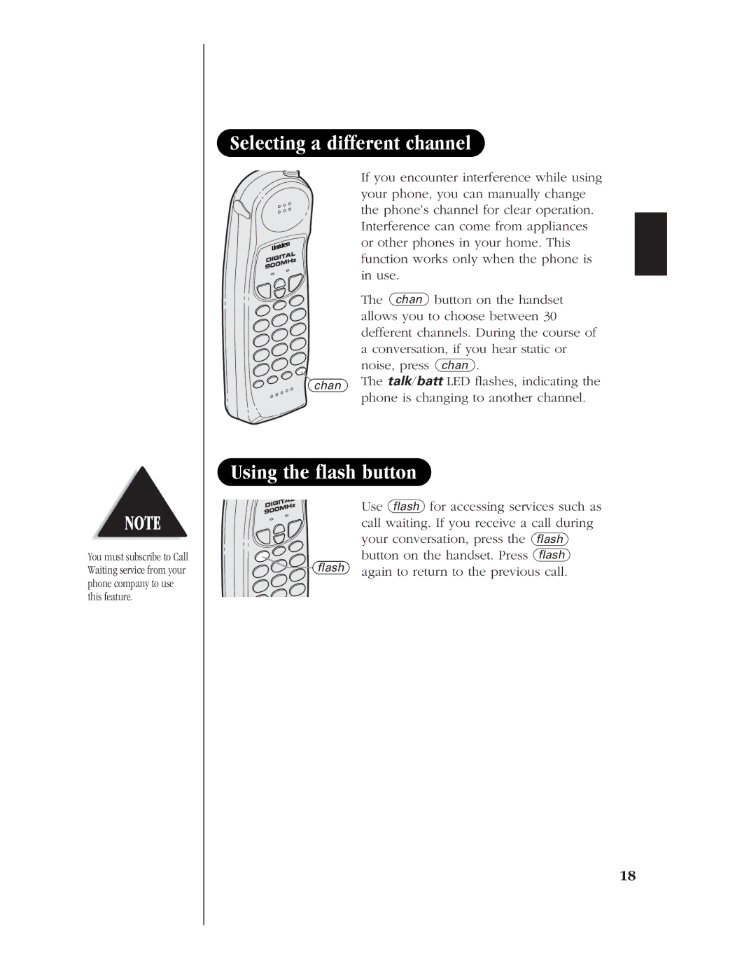 Uniden EXL 8900 manual Selecting a different channel, Using the flash button, Again to return to the previous call 