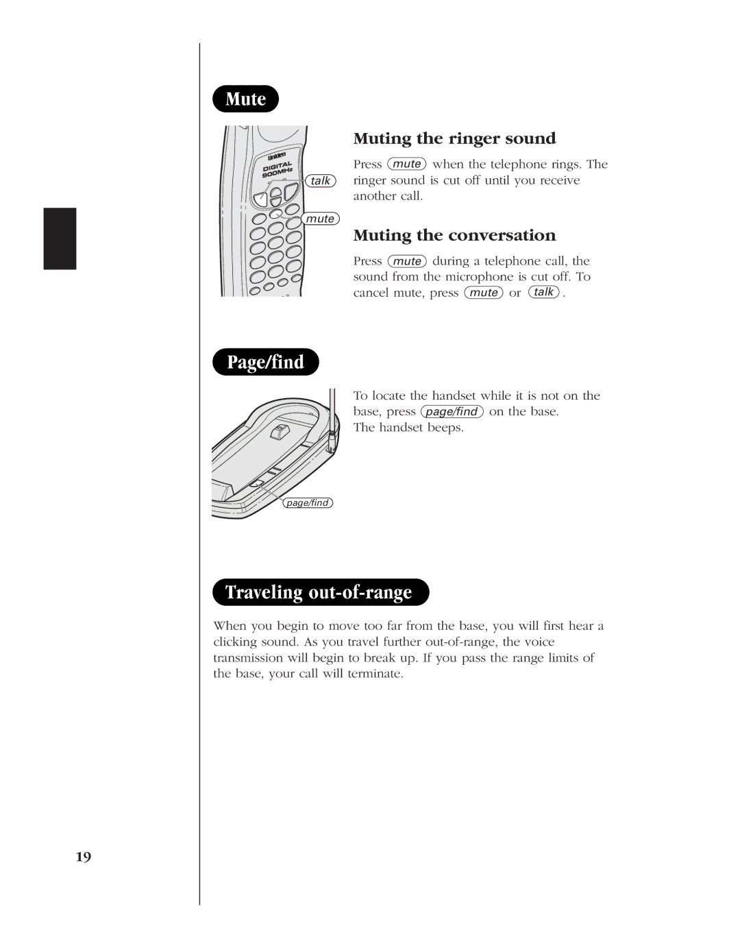 Uniden EXL 8900 manual Mute, Page/find, Traveling out-of-range, Muting the ringer sound, Muting the conversation 