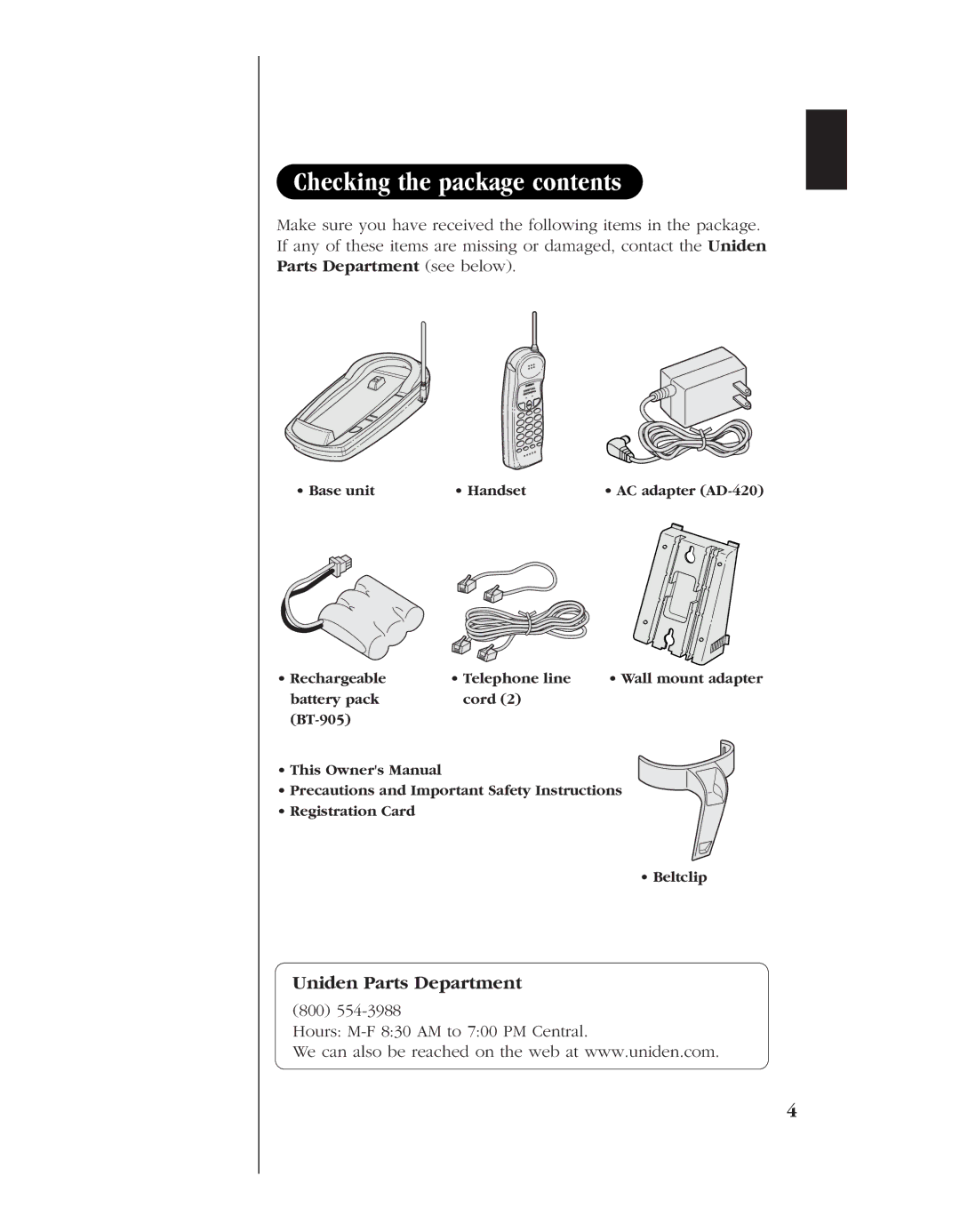 Uniden EXL 8900 manual Checking the package contents 