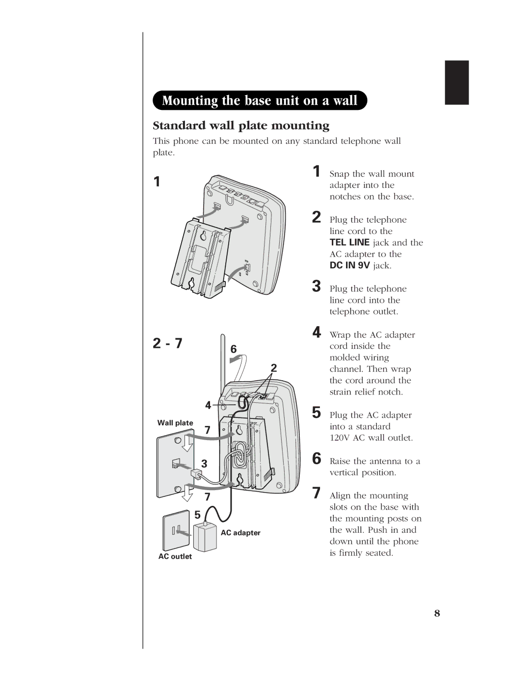 Uniden EXL 8945 manual Mounting the base unit on a wall, Standard wall plate mounting 