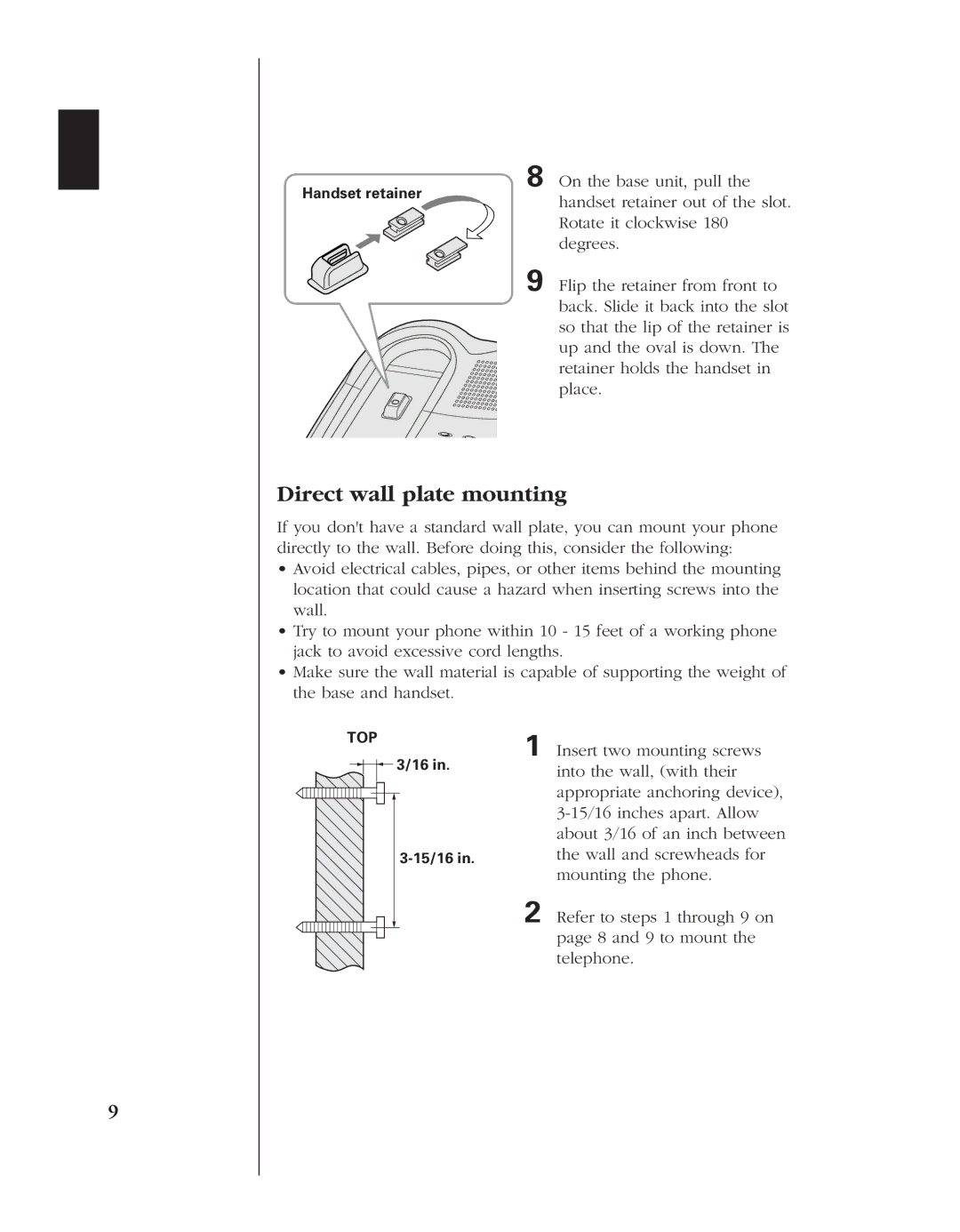 Uniden EXL 8945 manual Direct wall plate mounting 