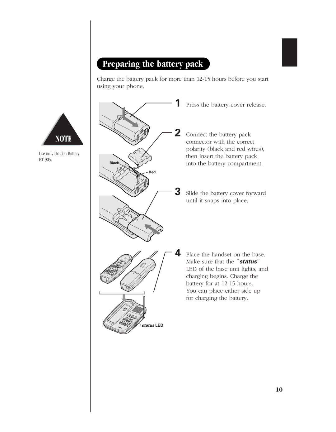 Uniden EXL 8945 manual Preparing the battery pack, Status LED 