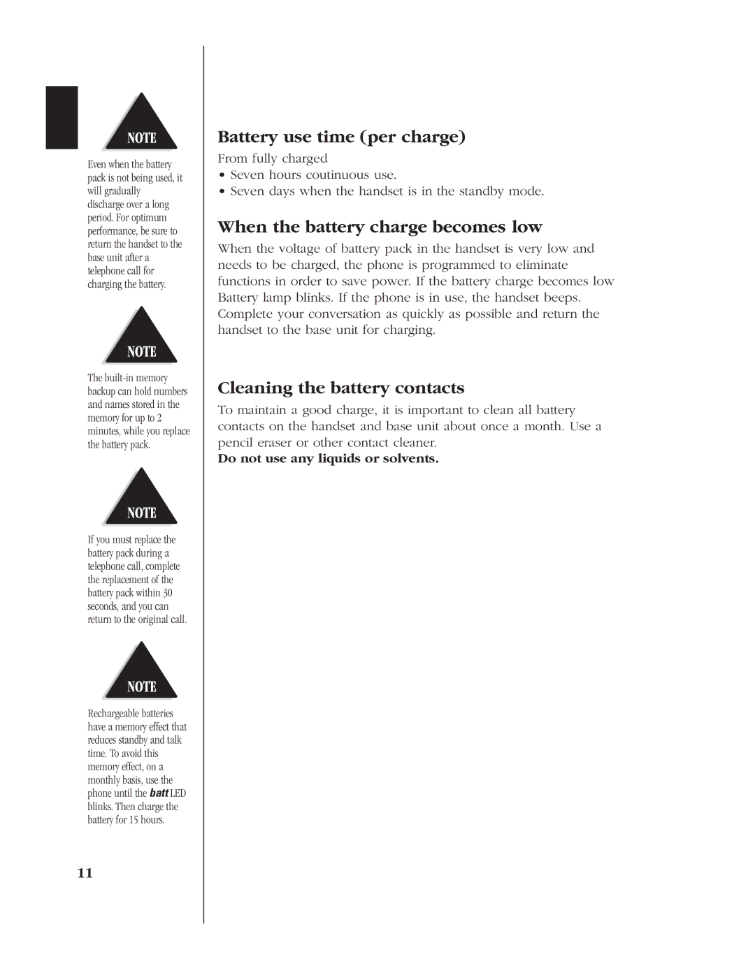 Uniden EXL 8945 manual Battery use time per charge, When the battery charge becomes low, Cleaning the battery contacts 