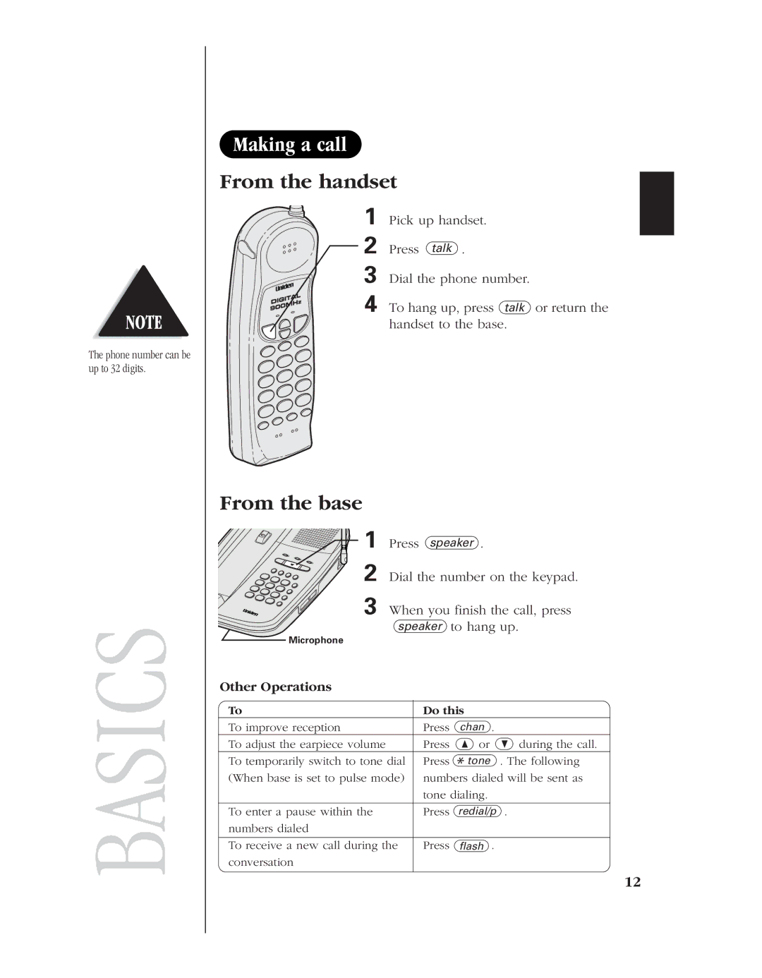 Uniden EXL 8945 manual Making a call, From the handset, From the base, Other Operations 