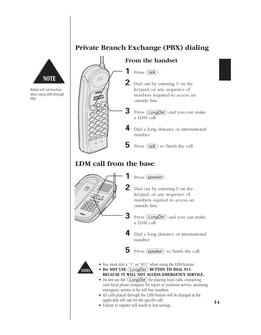 Uniden EXL 8945 manual Private Branch Exchange PBX dialing, From the handset, Do not USE LongDst Button to Dial 