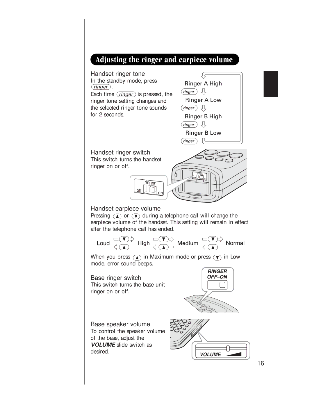 Uniden EXL 8945 manual Adjusting the ringer and earpiece volume, Handset earpiece volume 