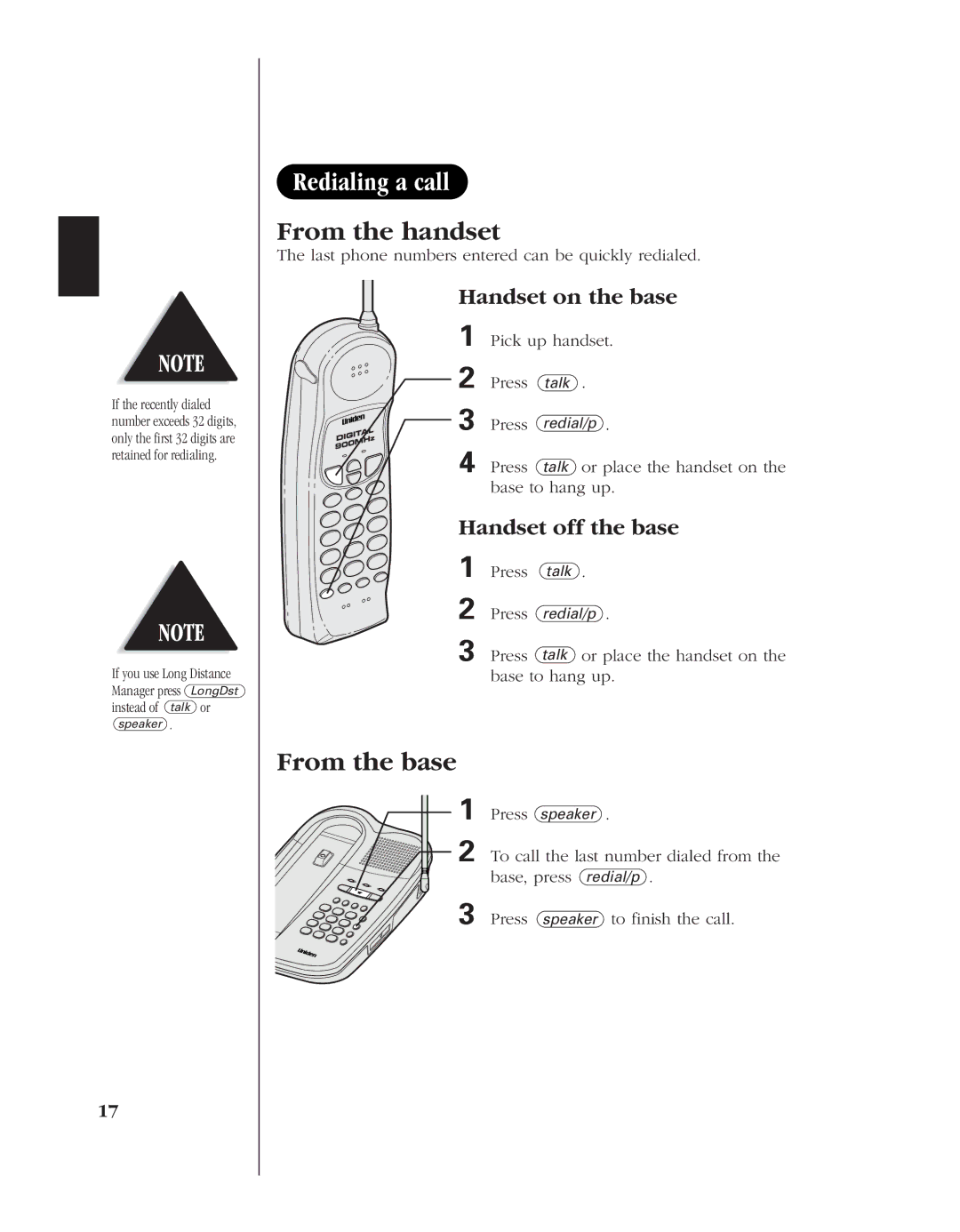 Uniden EXL 8945 manual Redialing a call, From the handset 