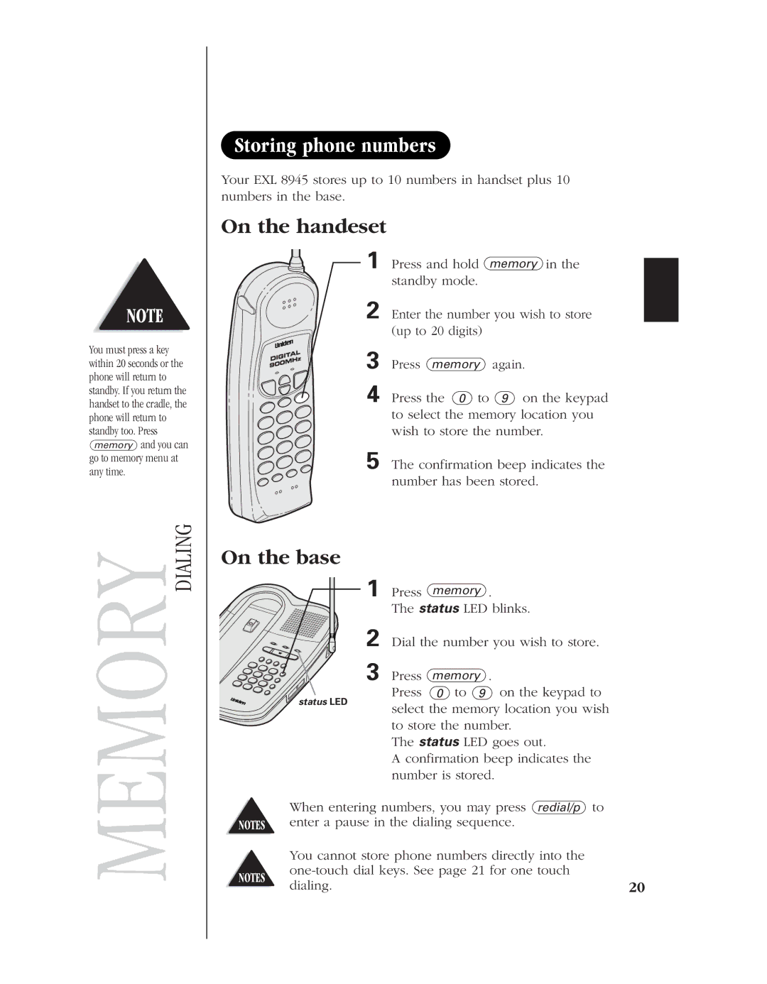 Uniden EXL 8945 manual Storing phone numbers, On the handeset, On the base 