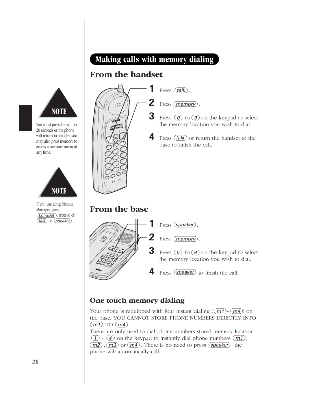 Uniden EXL 8945 manual Making calls with memory dialing, One touch memory dialing 