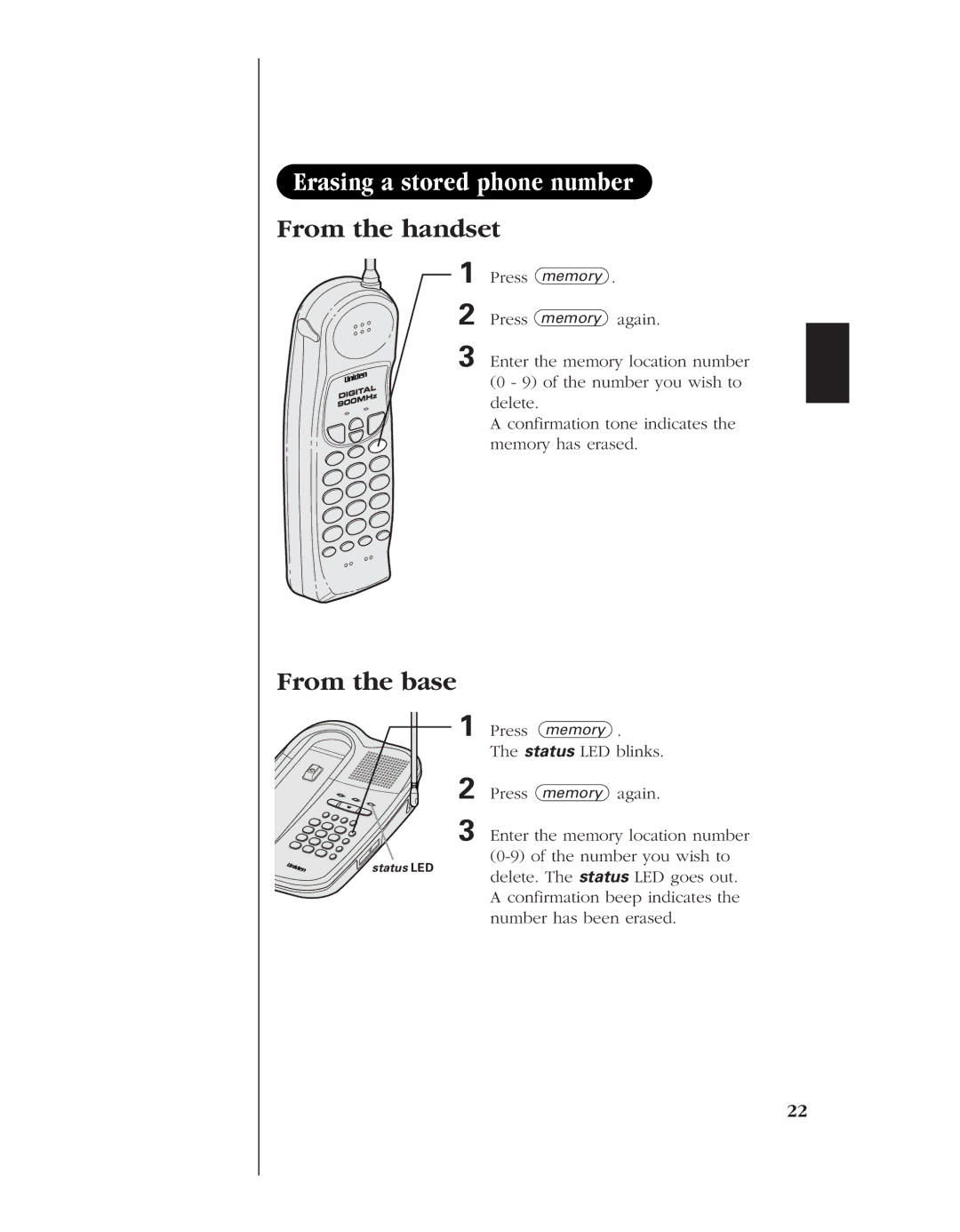 Uniden EXL 8945 manual Erasing a stored phone number From the handset 