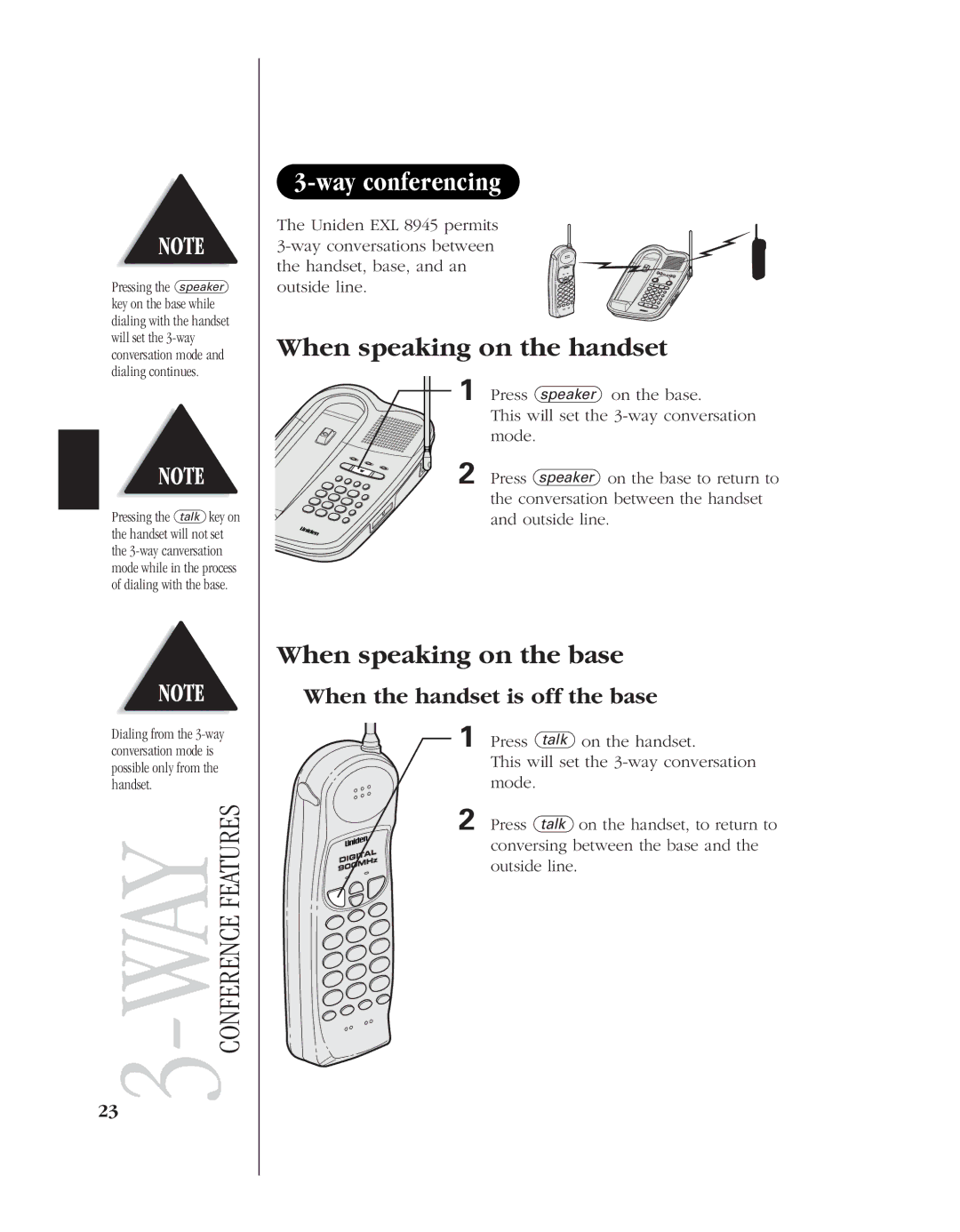 Uniden EXL 8945 manual Way conferencing, When the handset is off the base 