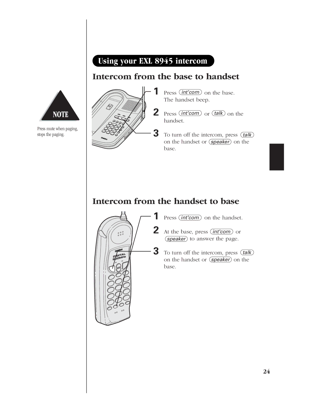 Uniden EXL 8945 manual Intercom from the handset to base 