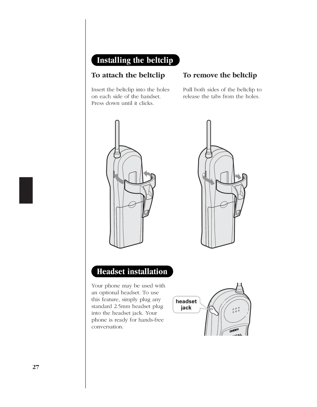 Uniden EXL 8945 manual Installing the beltclip, Headset installation, To attach the beltclip To remove the beltclip 