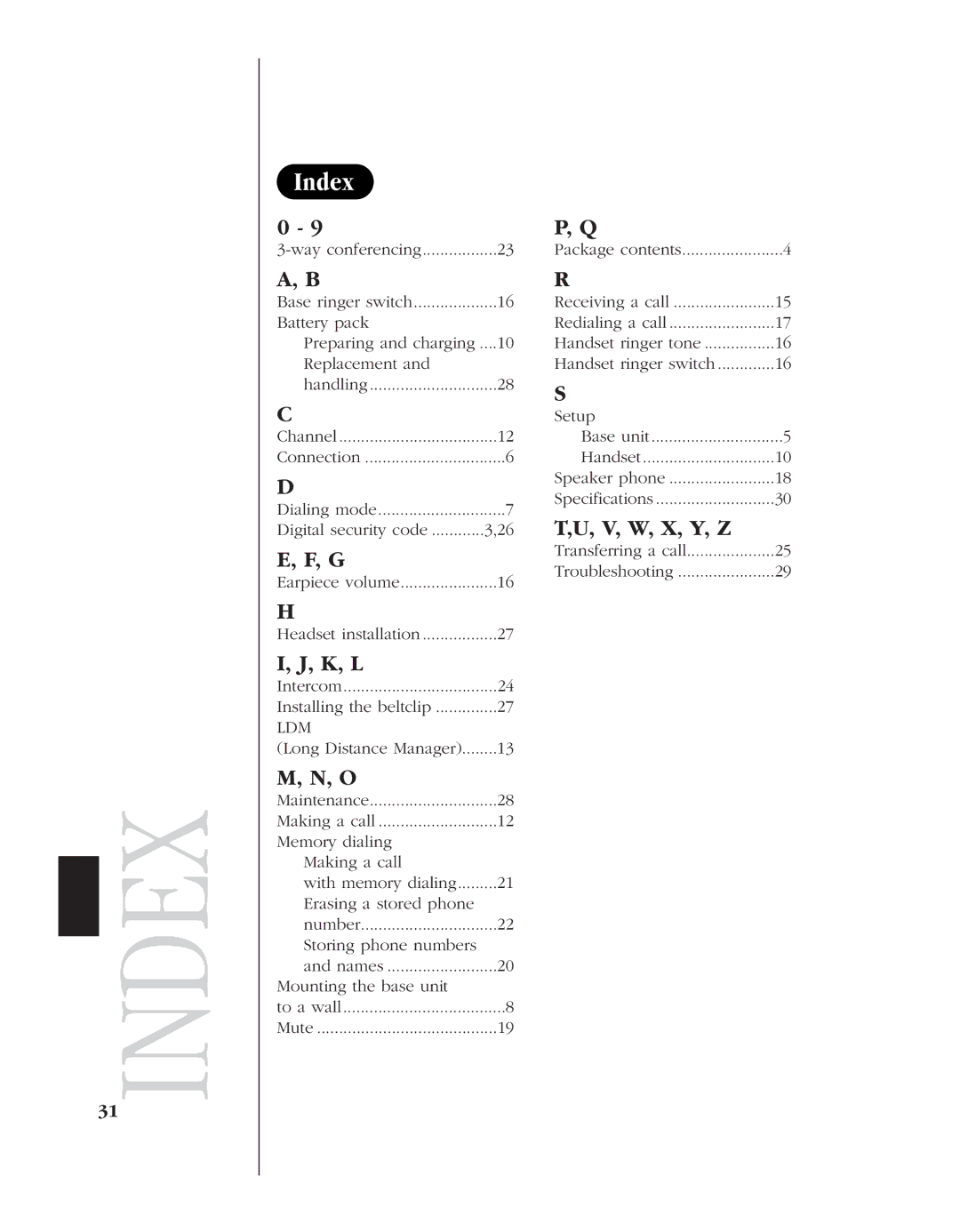 Uniden EXL 8945 manual Index, K, L, V, W, X, Y, Z 