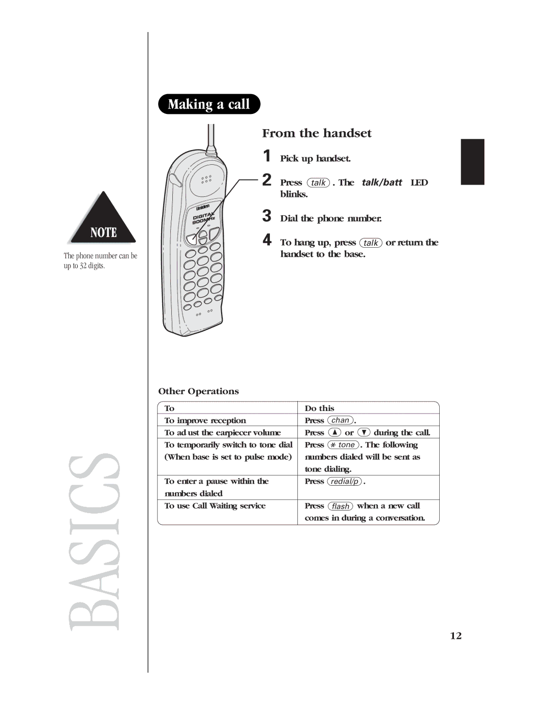 Uniden EXLA8950 manual Making a call, From the handset, Other Operations 