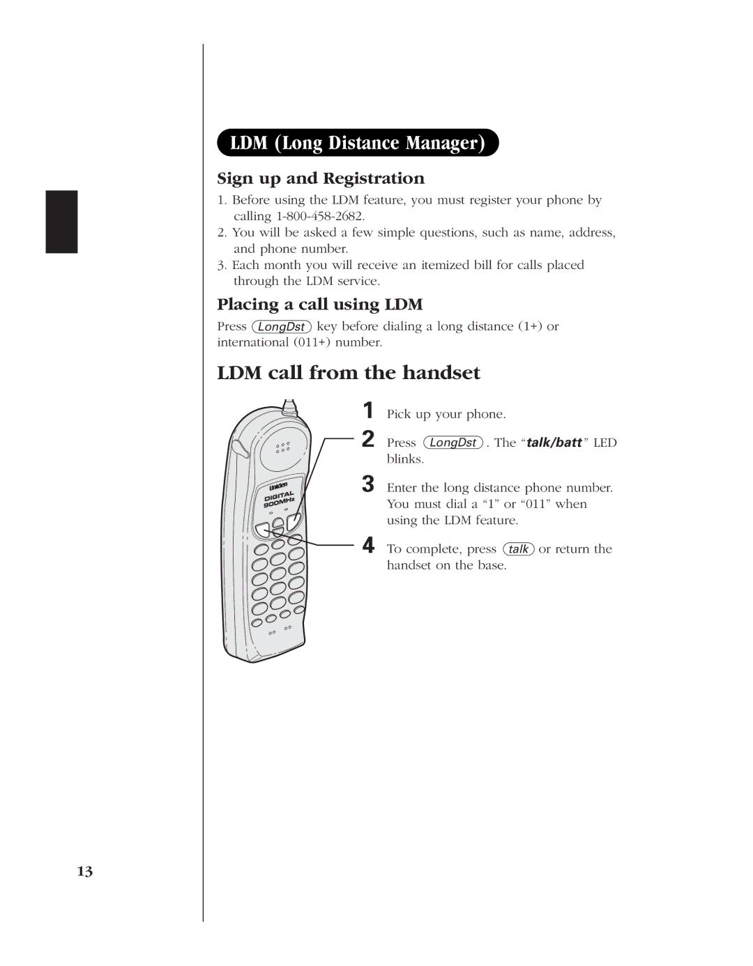 Uniden EXLA8950 LDM Long Distance Manager, LDM call from the handset, Sign up and Registration, Placing a call using LDM 