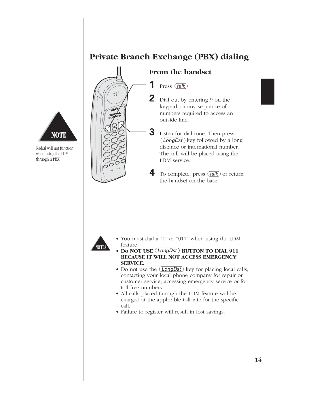 Uniden EXLA8950 manual Private Branch Exchange PBX dialing, Do not USE 