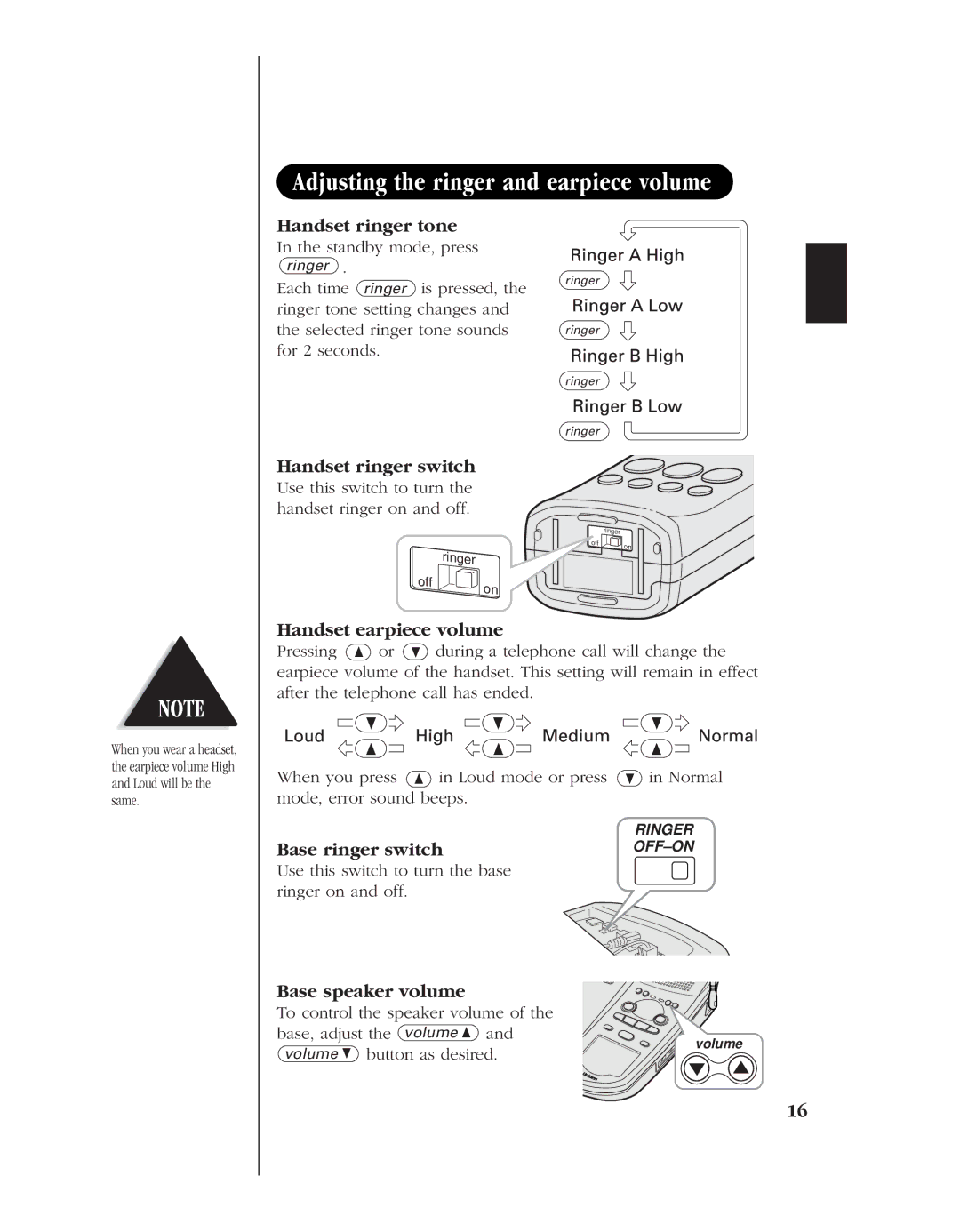 Uniden EXLA8950 manual Adjusting the ringer and earpiece volume, Handset ringer switch 