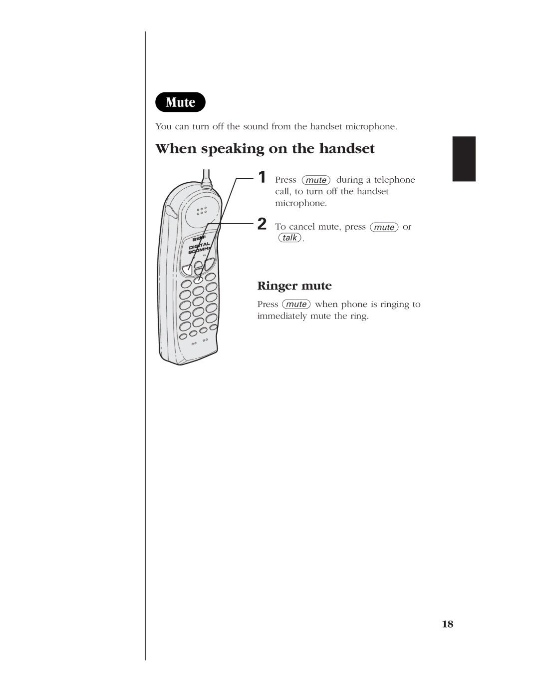 Uniden EXLA8950 manual Mute, When speaking on the handset, Ringer mute 