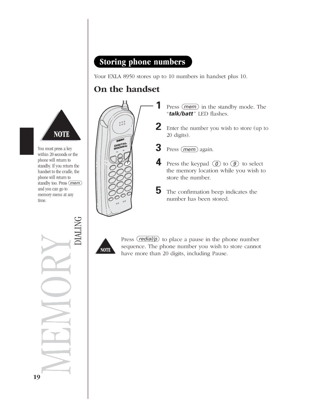 Uniden EXLA8950 manual Storing phone numbers, On the handset 