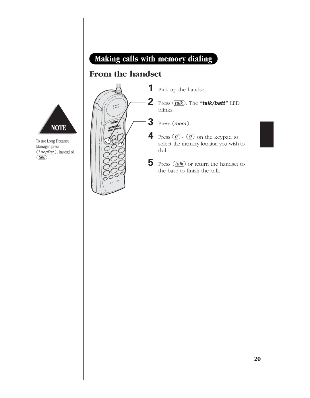 Uniden EXLA8950 manual Making calls with memory dialing, From the handset 