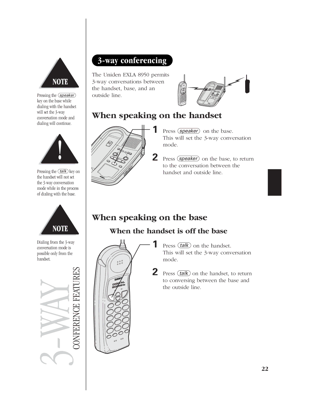 Uniden EXLA8950 manual Way conferencing, When speaking on the base, When the handset is off the base 