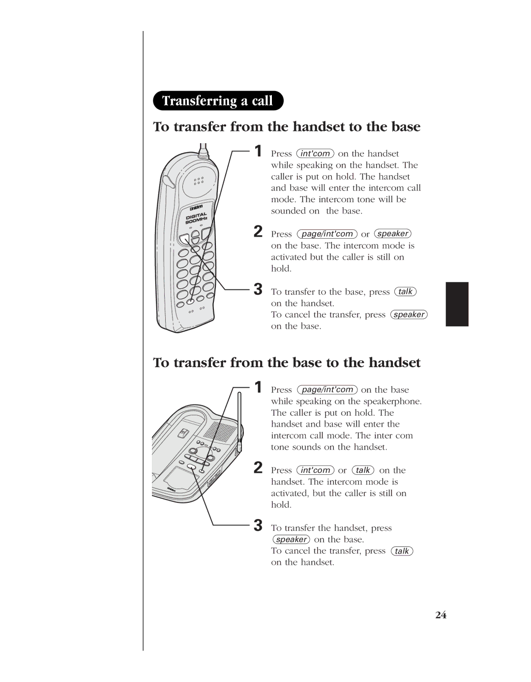 Uniden EXLA8950 Transferring a call, To transfer from the handset to the base, To transfer from the base to the handset 