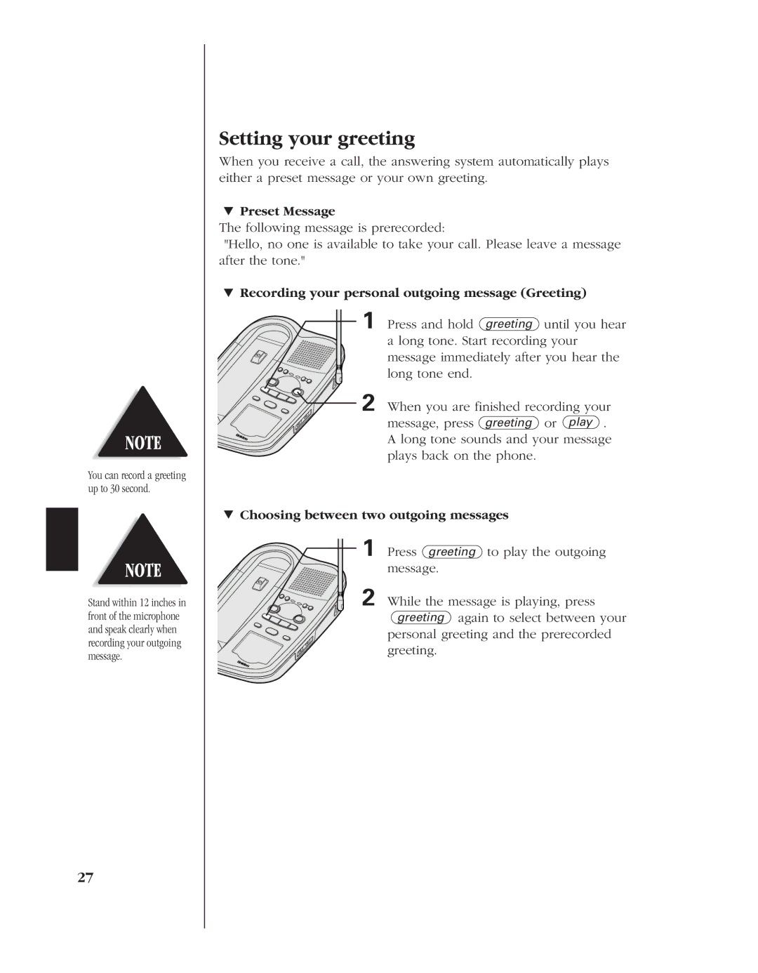 Uniden EXLA8950 manual Setting your greeting, » Preset Message, » Recording your personal outgoing message Greeting 