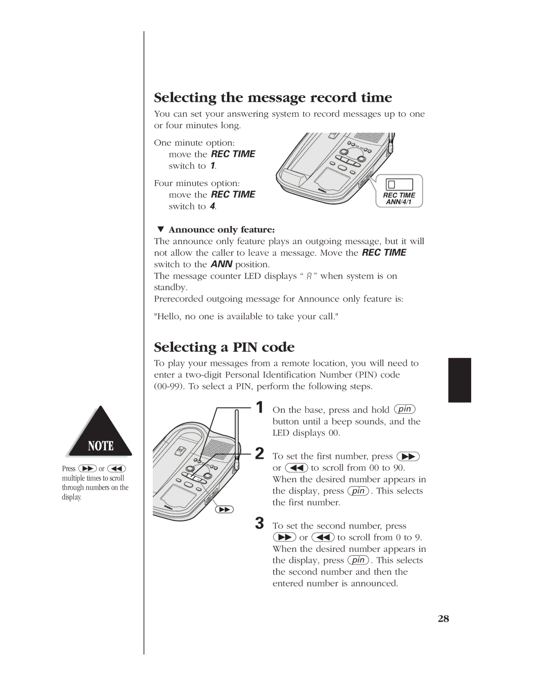 Uniden EXLA8950 manual Selecting the message record time, Selecting a PIN code, » Announce only feature 