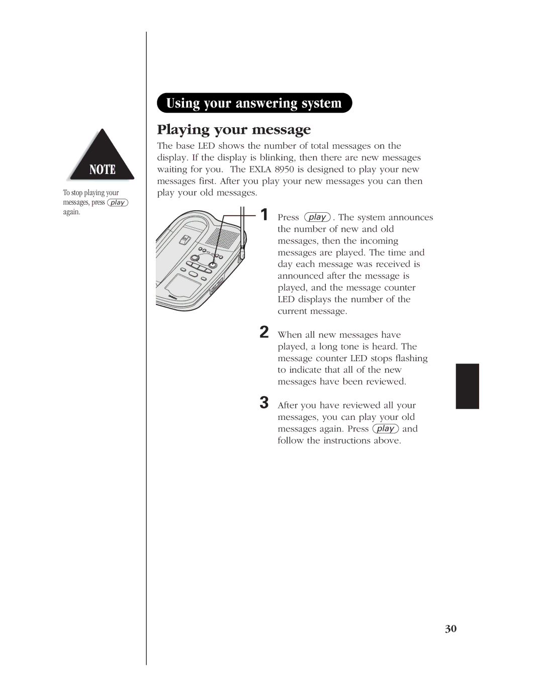 Uniden EXLA8950 manual Using your answering system, Playing your message 